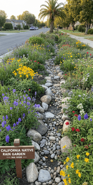 A parkway converted to a California native rain garden.